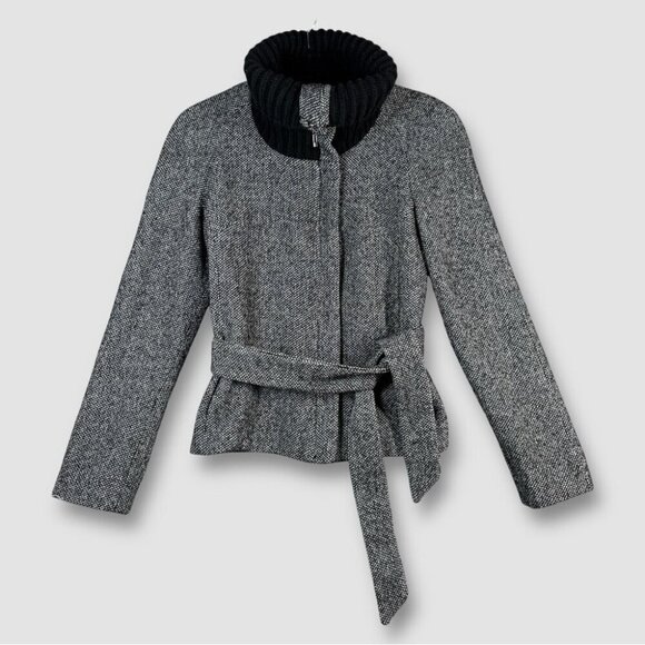 Mango Turtle High Neck Y2K Aesthetic Zip Up Gray Wool Belted Jacket Size 6 - Picture 1 of 16